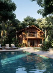 Wooden Cabin with Pool in a Lush Tropical Forest