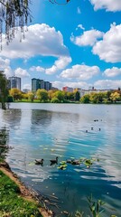 Ducks on a Lake with a City Skyline in the Background