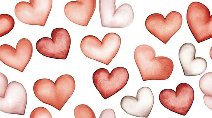 A delightful seamless pattern of whimsical hearts in pastel pink and orange, beautifully hand-painted on a crisp white background