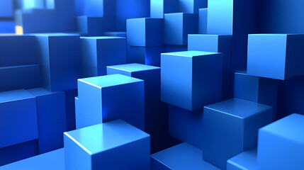 A 3D abstract composition of blue cubes creating a modern, geometric landscape.