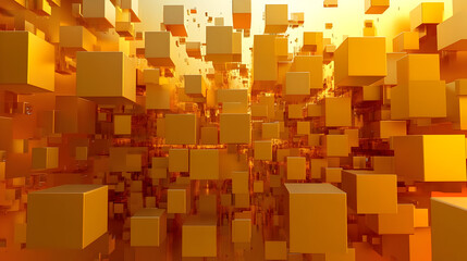 A 3D abstract composition of floating yellow cubes creating a vibrant visual effect.