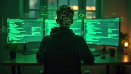 Software Developer Coding on Multiple Monitors in a Dimly Lit Home Office