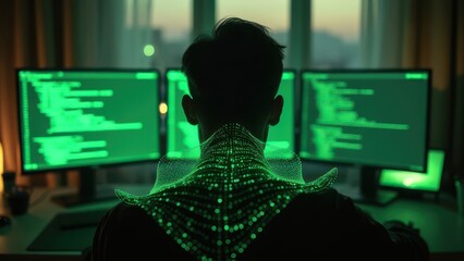 Cybersecurity Specialist Analyzing Code on Multiple Monitors at Night