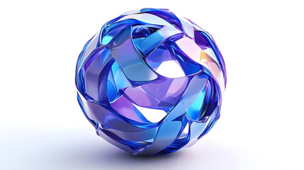 A 3D abstract design featuring intertwined blue and purple shapes forming a spherical structure.