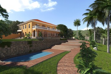 Modern Villa with Swimming Pool and Lush Garden Landscape