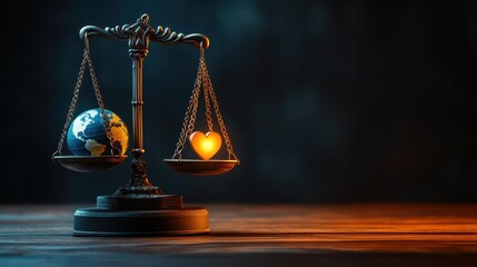 A glowing scale in perfect balance, with one side holding a globe and the other a heart, symbolizing global justice and moral equality