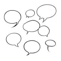 A set of speech bubbles with black outlines, varying in size and shape, isolated on a white background, ready for customization.

