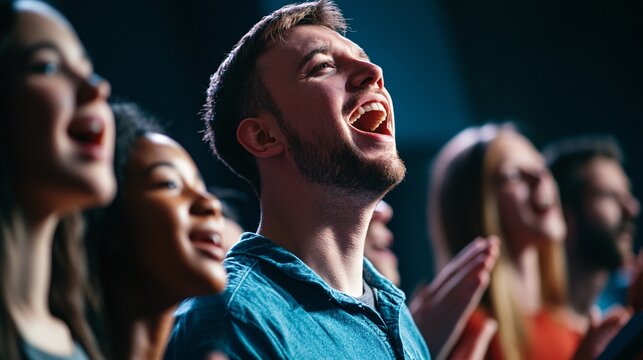 A choir director passionately leading a group of diverse singers in a rehearsal, with an emphasis on their facial expressions and engagement