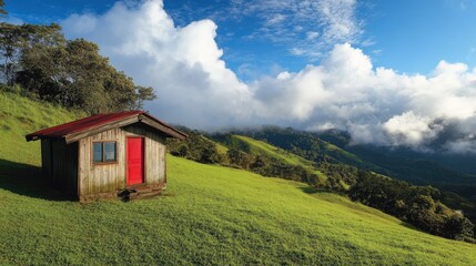 Obraz premium A picturesque view of a tiny house with a red door, sitting on a lush, grassy hillside, with rolling clouds in the distance