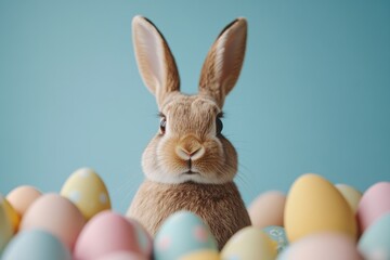 Obraz premium Cute brown rabbit surrounded colorful Easter eggs