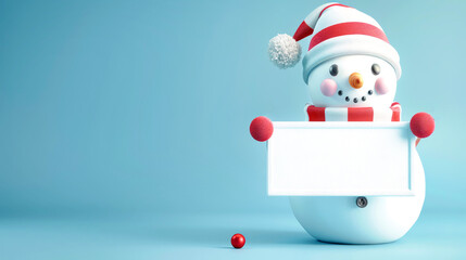 A smiling snowman wearing a red and white striped scarf stands against a light blue background. He holds up a blank banner with both hands, ready for your message