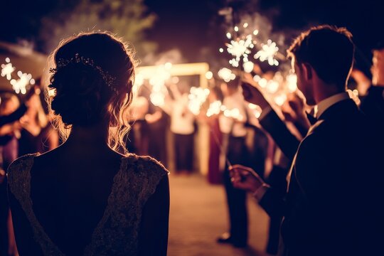 Couple celebrating with friends during a nighttime wedding sparkler send-off at an outdoor venue