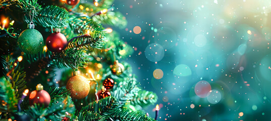 A close-up view of a Christmas tree decorated with colorful ornaments and twinkling lights, set against a backdrop of a shimmering winter sky