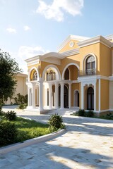 Classic Style Yellow Mansion With Columns And Archways
