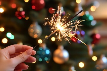 Person holding a sparkler with a decorated Christmas tree in the background during the holiday season