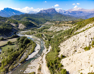 Aerial photo of the Ara river in the Aragonese Pyrenees. Spain. mountain river