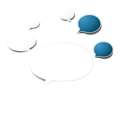 A collection of white and blue speech bubbles in various sizes, isolated on a white background, ideal for minimalist communication and design projects.
