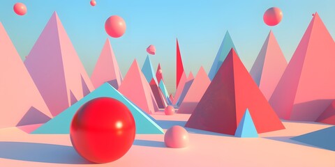 Abstract 3D Minimalist Geometric Pink Red Blue Shapes Background