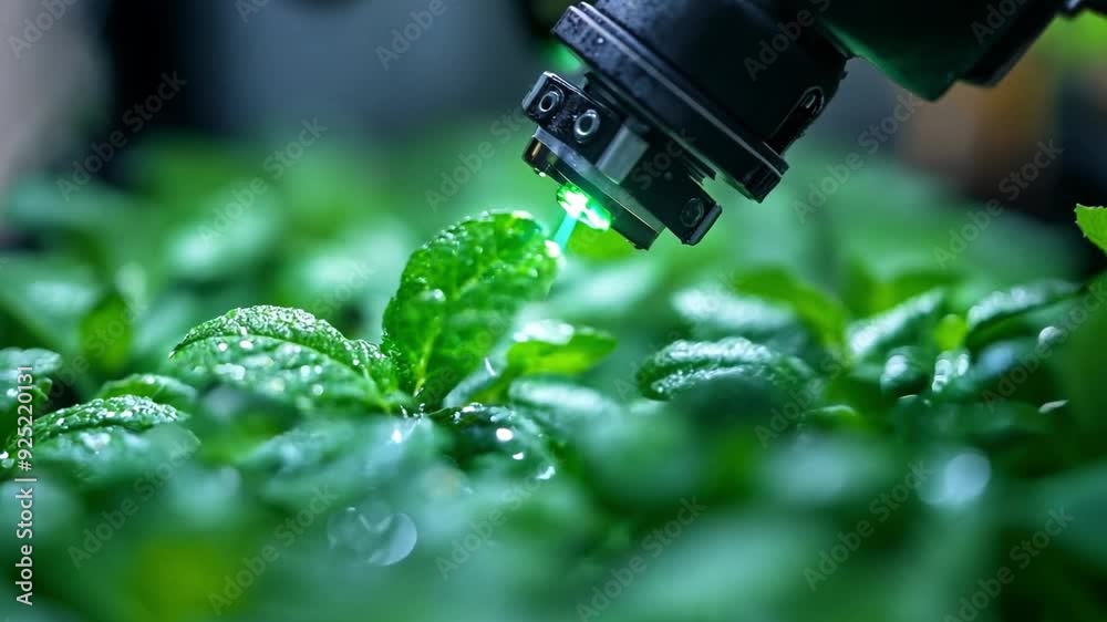 Poster a robotic arm utilizes precision tools to monitor and care for healthy mint plants in a high-tech fa