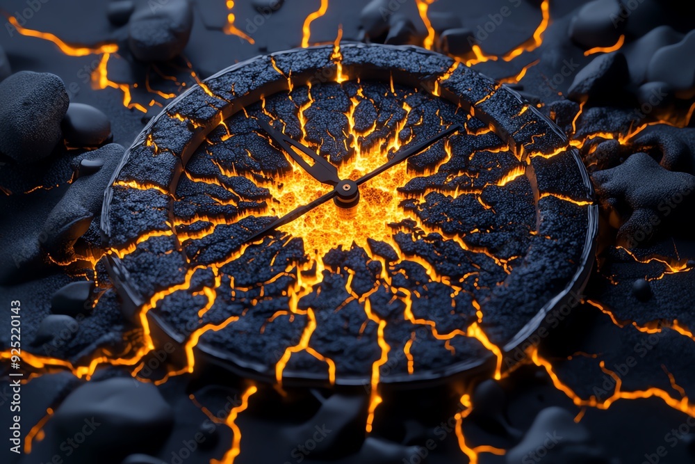 Poster a clock face embedded in molten lava, time melting away. the clock hands are frozen in place, symbol