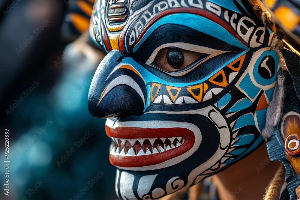 Poster a close-up of a colorful, intricate mask with a fierce expression. the mask is worn by a person in a