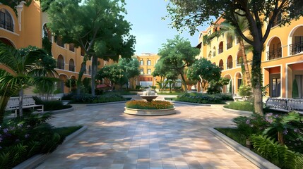 Obraz premium Beautiful Yellow Building Courtyard With Fountain And Trees