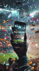 Sports betting advertisement. Man holding mobile phone with football field background, showing win on screen.


