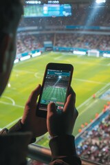 Sports betting promotion. Man&rsquo;s hand holding phone with football field behind, win displayed on screen.