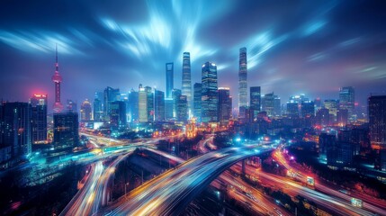 Fototapeta premium Night Lights of the City: A Long Exposure of Urban Life