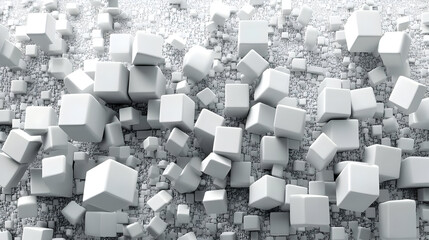 A 3D arrangement of scattered white cubes on a textured surface.