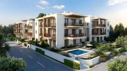 Fototapeta premium Modern Architectural Design of a Luxury Apartment Building with a Swimming Pool