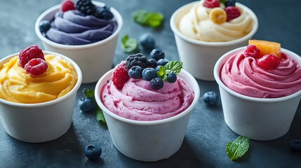  tangy frozen yogurt served with a range of fresh fruit and sweet toppings, providing a lighter, healthier alternative to traditional ice cream.