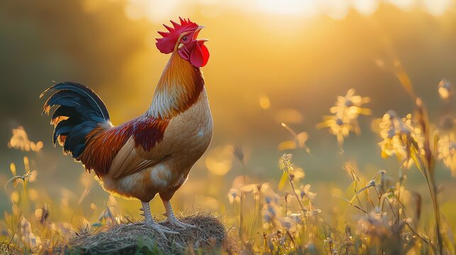 rooster crowing at sunrise in a sunlit field, symbolizing the start of the day