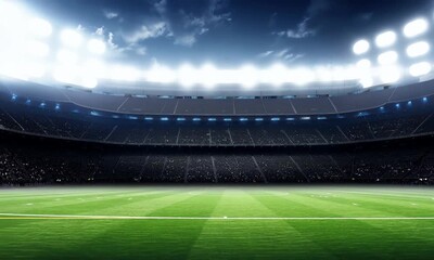 Lighting the empty grass playground before the game in the stadium full of fans, sport 4K professional background animation loop