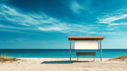 A blank billboard at a bus stop on the side of the road with a blue sea and blue sky, Generative AI	
