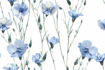 Seamless Watercolor Blue Wildflowers: Delicate Flax Flowers on White Background for Scrapbooking, Design, and Herbariuml. Seamlesss Delicate Blue Flax Flowers: Watercolor on White Background