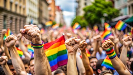 close up pride fists hands of crowd of people on street