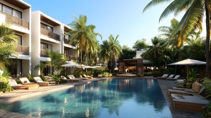 Tropical Resort Swimming Pool with Palm Trees