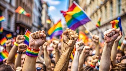 close up pride fists hands of crowd of people on street