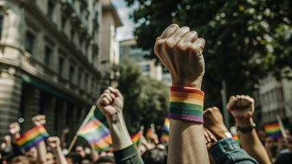 close up pride fists hands of crowd of people on street