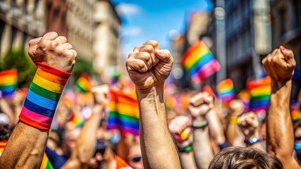 close up pride fists hands of crowd of people on street