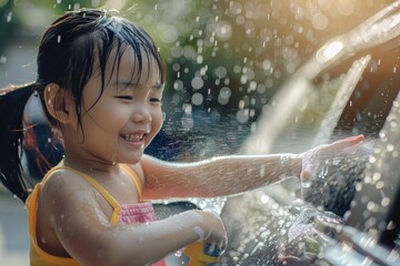 a little girl playing in the rain with an umbrella