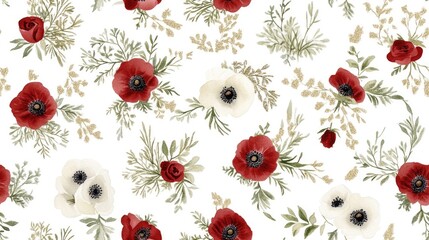 Vibrant red flowers dance on a serene white seamless canvas adorned with shimmering gold accents