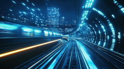 Train Moving Through a Futuristic Tunnel at Night