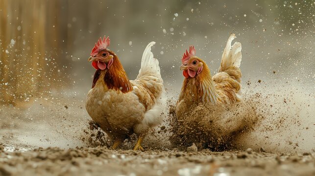 Chickens taking a dust bath in a shallow pit, rolling and flapping in the dust to clean their feathers and control parasites.