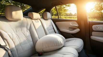 Sunlit backseat of a luxury car with a soft pillow placed for comfort.
