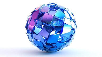 A 3D spherical object composed of blue and purple fragmented shapes.