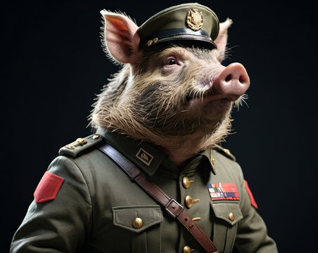 Adult pig/ boar soldier, dressed in a uniform, ready to fight in a war. Author Artist Nadia Russ.	