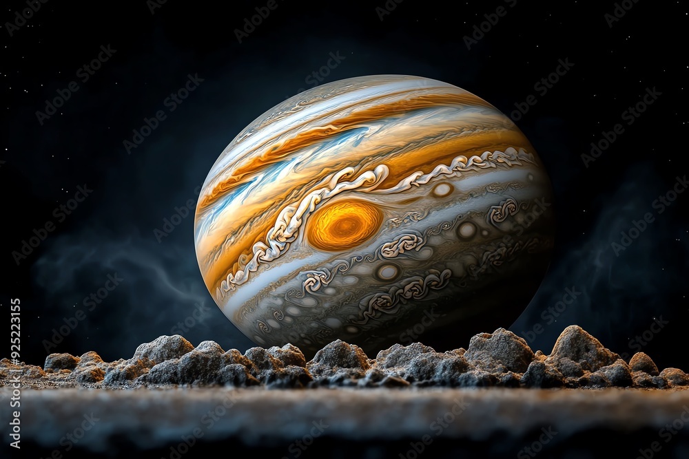 Poster A digitally rendered image of Jupiter, the largest planet in our solar system, with its distinctive swirling clouds and the Great Red Spot.
