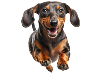 A happy dachshund dog jumping joyfully, showcasing playful energy and adorable features with a cheerful expression.
